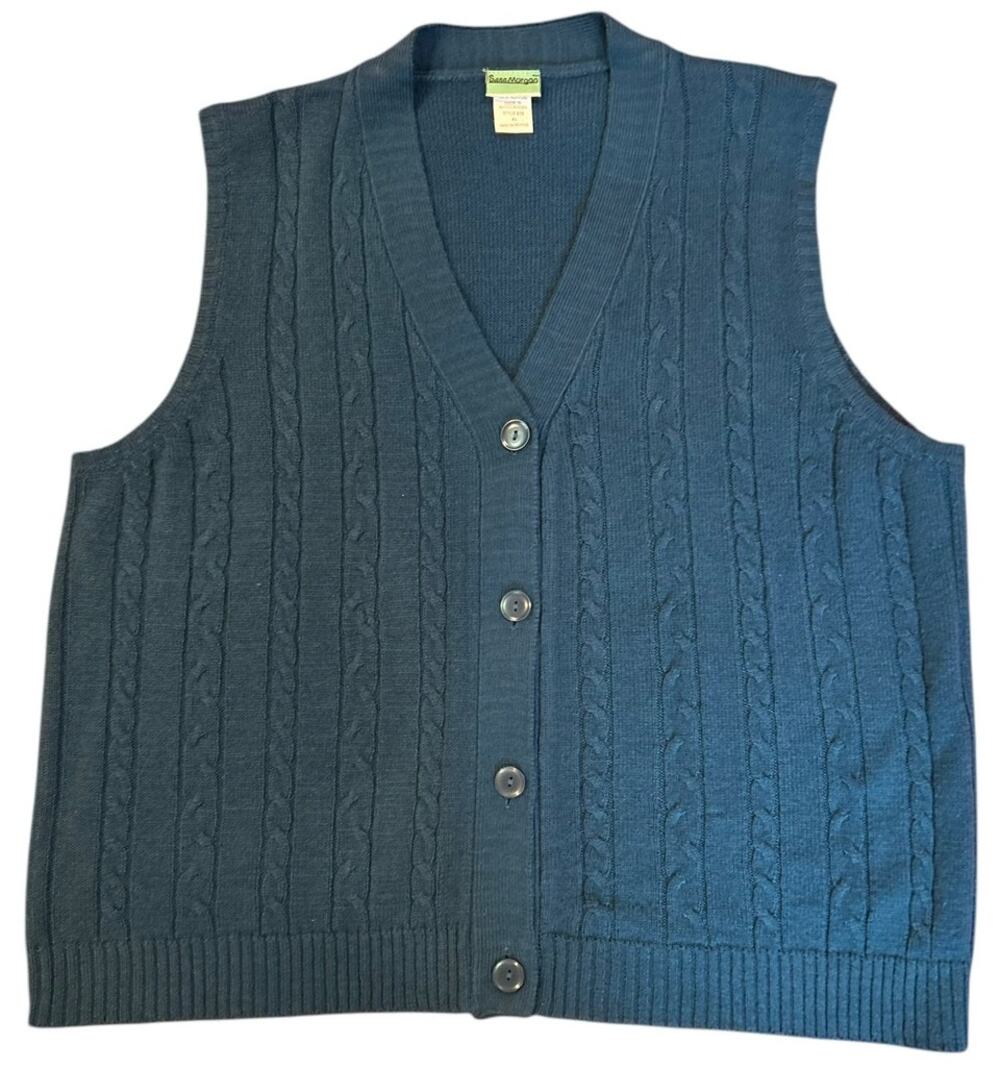 SARA MORGAN Teal Blue Green Cardigan Cableknit Retro Grandpa Sweater Vest XL